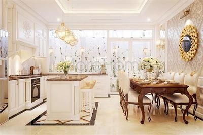 Mẫu đá ốp bàn bếp đẹp tại biệt thự tân cổ điển Tân Bình