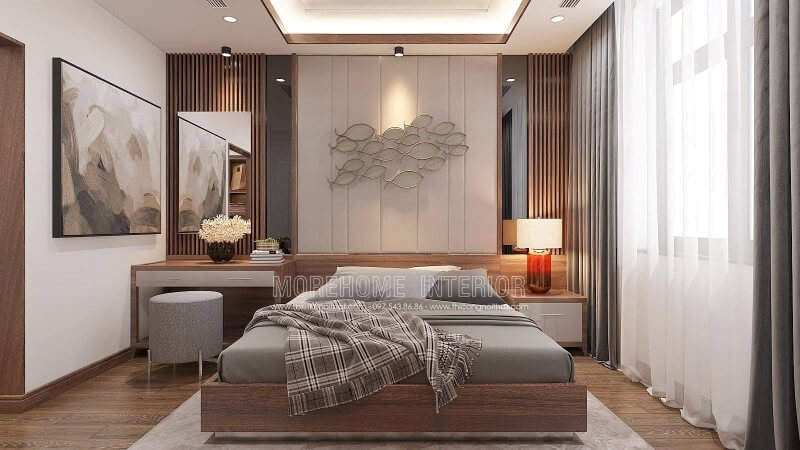 Giường gỗ óc chó veneer hiện đại, nệm ốp tường đẹp, gương ốp tường trên nền gỗ kẻ sọc hay chiếc bàn ngồi độc đáo trên khối trụ tròn là ghế ngồi sẽ là những điểm đặc biệt trong xu hướng thiết kế nội thất phòng ngủ đẹp, sang trọng dành cho nam giới.