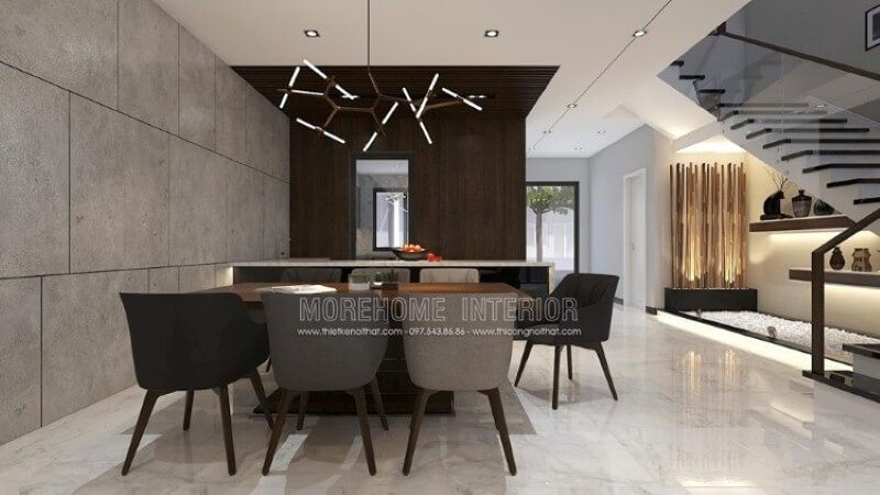 Thiết kế phòng ăn hiện đại độc đáo dành cho không gian rộng như nhà phố, biệt thự với ý tưởng thiết kế mở phòng ăn liền kề phòng khách, phòng bếp.