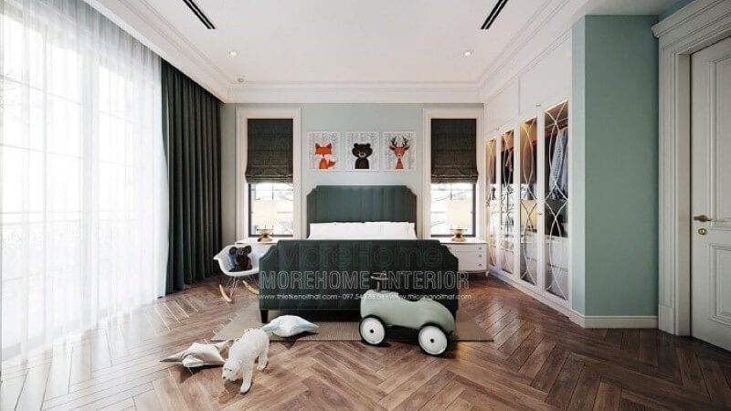 Giường ngủ bọc nệm màu xanh đẹp độc đáo cho phòng trẻ em