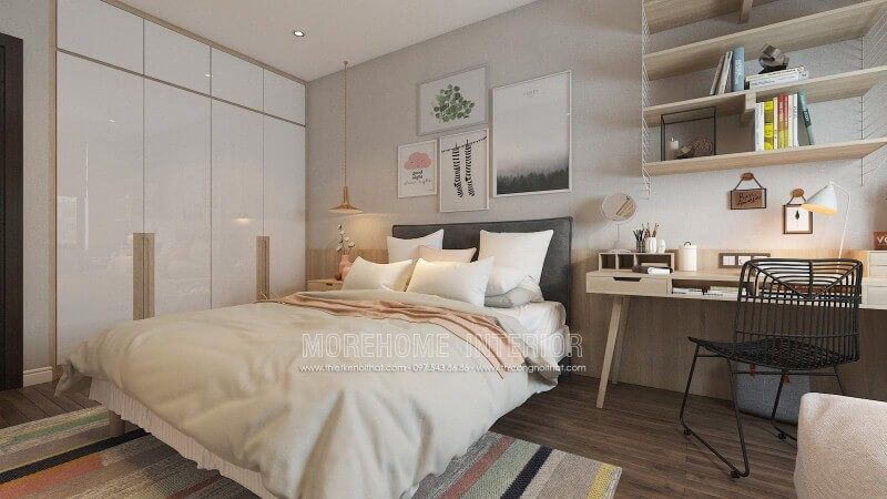 Bàn làm việc cùng kệ trang trí gỗ sồi màu sáng tạo nên góc học tập, làm việc hiện đại, trẻ trung cho phòng ngủ nữ tính